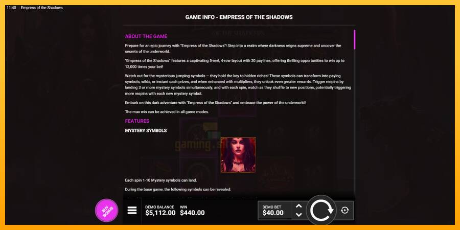 Empress of the Shadows gaming machine for money, picture 5