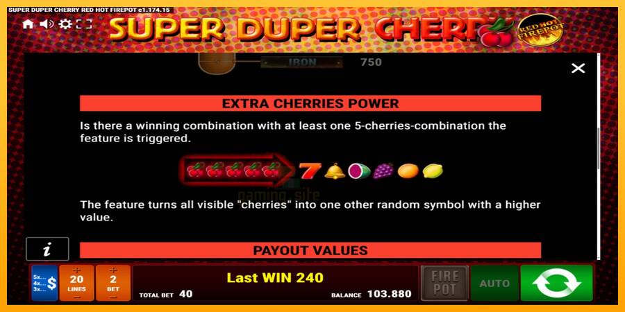 Super Duper Cherry Red Hot Firepot gaming machine for money, picture 5