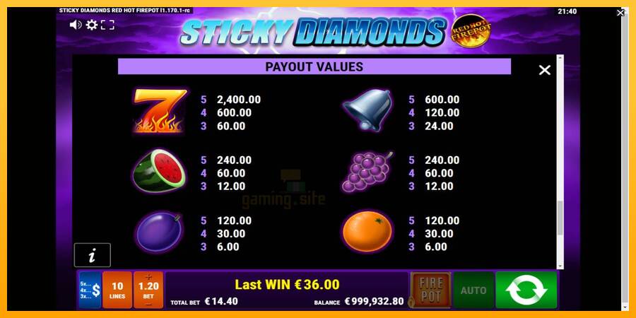 Sticky Diamonds Red Hot Firepot gaming machine for money, picture 6